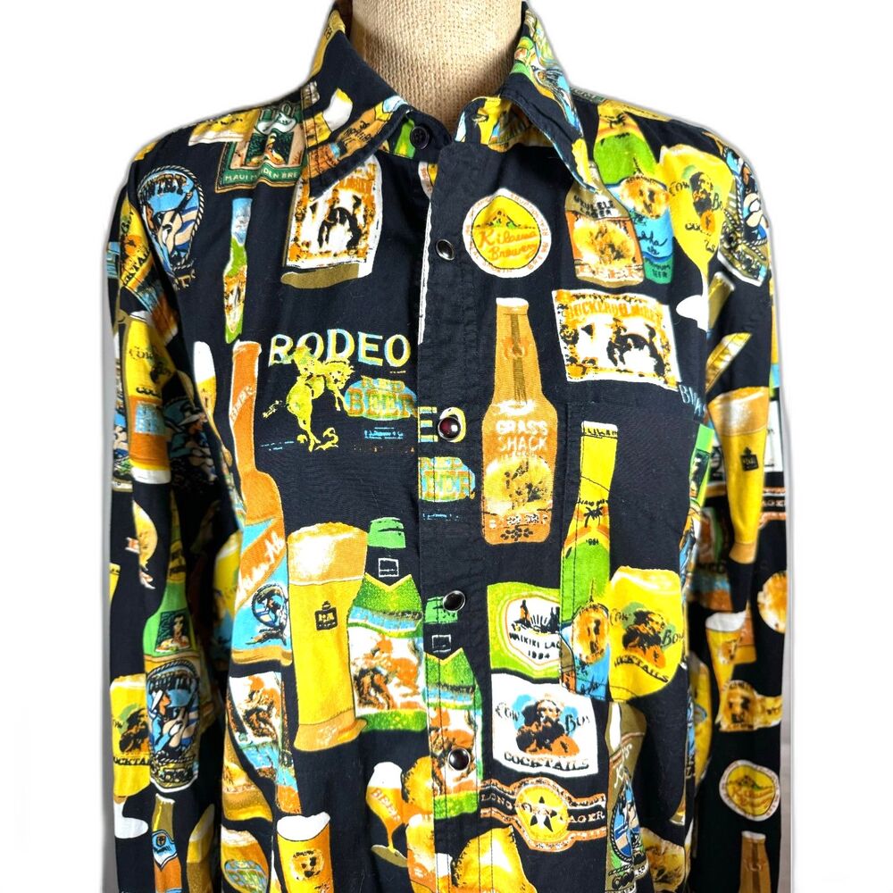 MARTINI RANCH Western Beer Rodeo Vintage Hawaiian Snap Button Up Long Sleeve LG